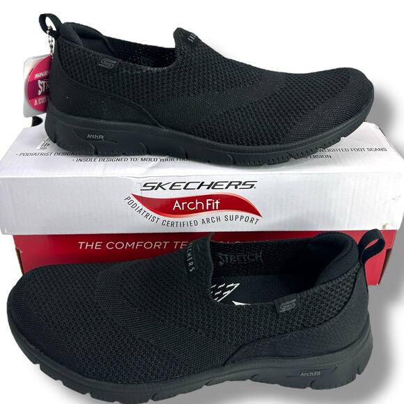 NEW Skechers Arc Fit 2.0 Black Size 7 Cascade Walking Sneakers Slip On Knit Flat - Picture 2 of 12